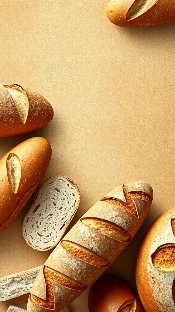 Artisan Bread Wallpaper Aesthetic Artisan bread wallpaper design with various types of bread in warm tones.
